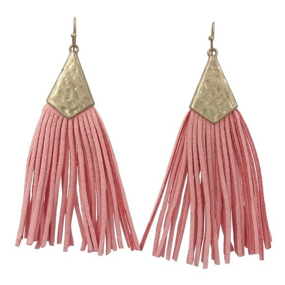 Long Vegan Leather Suede Pink Tassel Gold Dangle Earrings - Picture 1 of 3